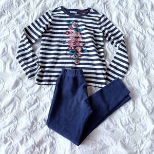 Hanna Andersson Long Sleeve Striped T-Shirt with Flowers Navy Leggings Girls 8
